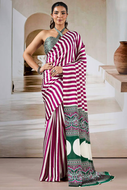 Nebula Wine Ajrakh Printed Satin Silk Saree With Quixotic Blouse Piece