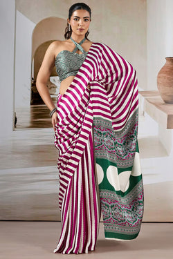 Nebula Wine Ajrakh Printed Satin Silk Saree With Quixotic Blouse Piece