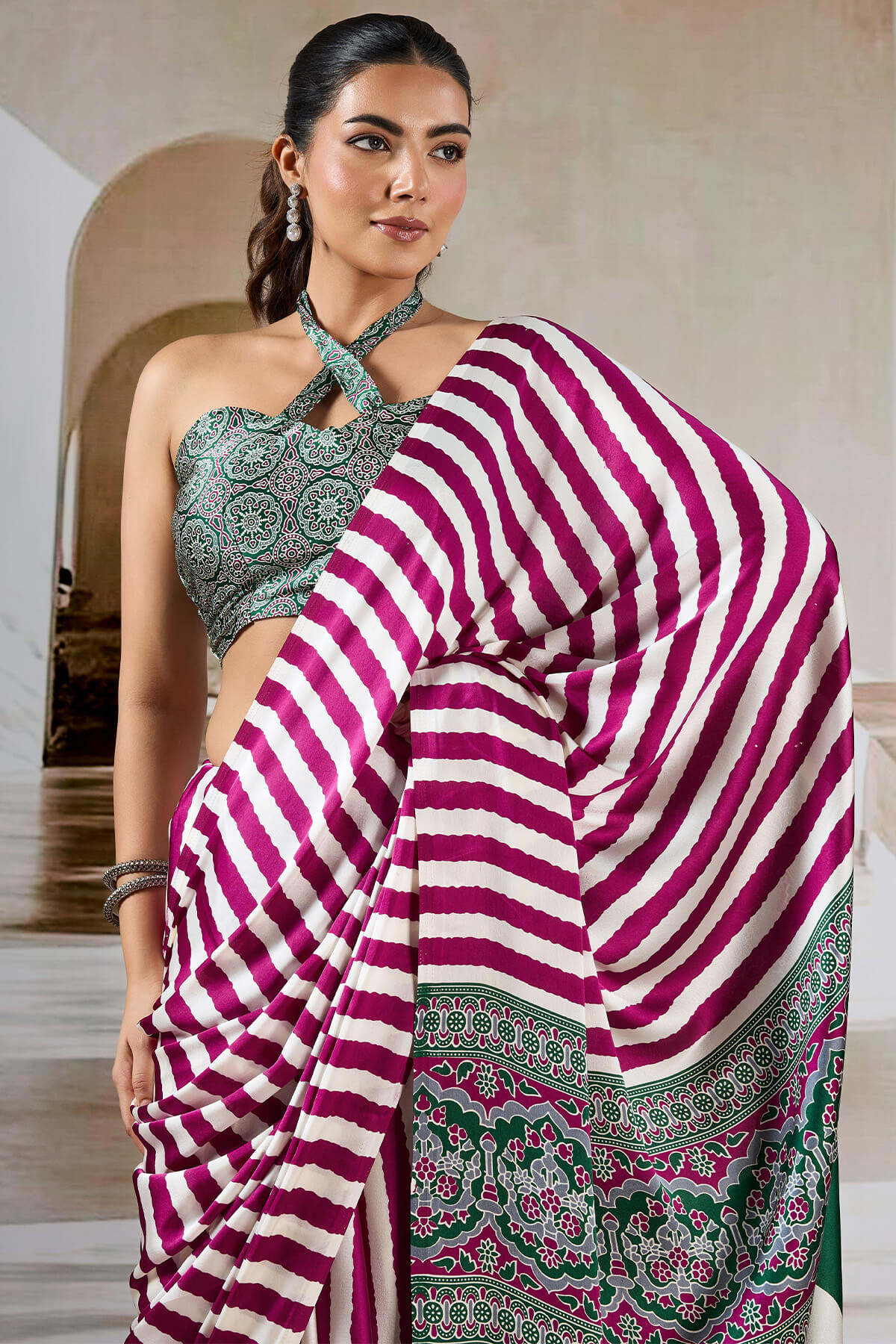 Nebula Wine Ajrakh Printed Satin Silk Saree With Quixotic Blouse Piece