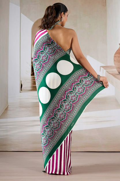 Nebula Wine Ajrakh Printed Satin Silk Saree With Quixotic Blouse Piece