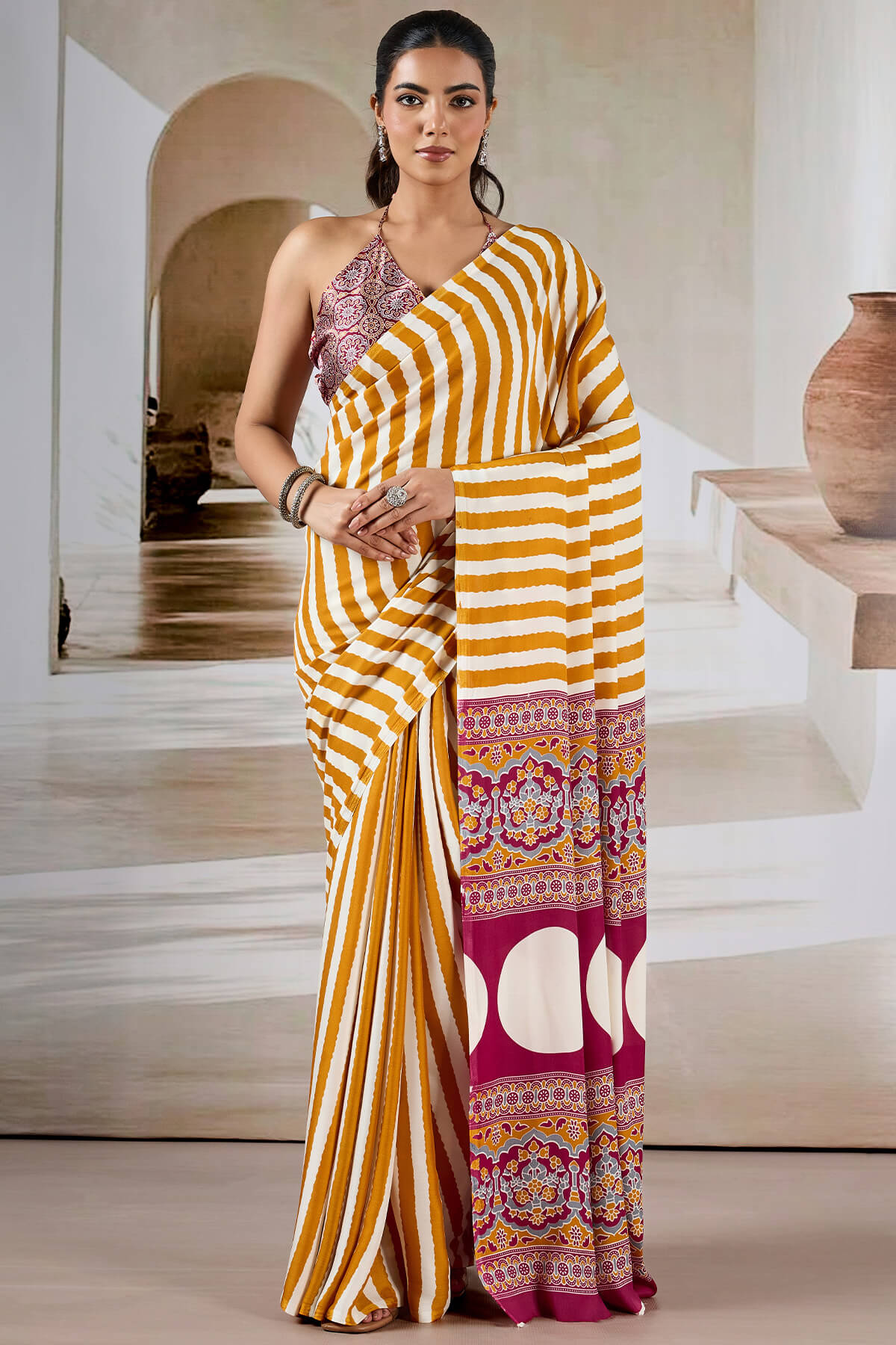 Bucolic Yellow Ajrakh Printed Satin Silk Saree With Desirable Blouse Piece