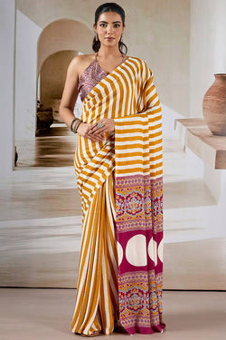 Bucolic Yellow Ajrakh Printed Satin Silk Saree With Desirable Blouse Piece
