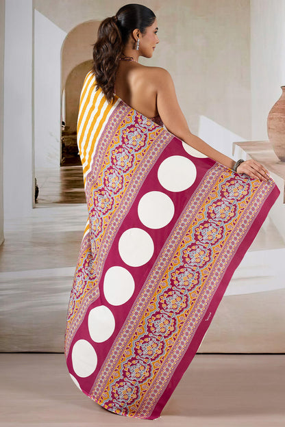 Bucolic Yellow Ajrakh Printed Satin Silk Saree With Desirable Blouse Piece