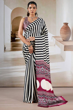 Splendiferous Black Ajrakh Printed Satin Silk Saree With Smashing Blouse Piece