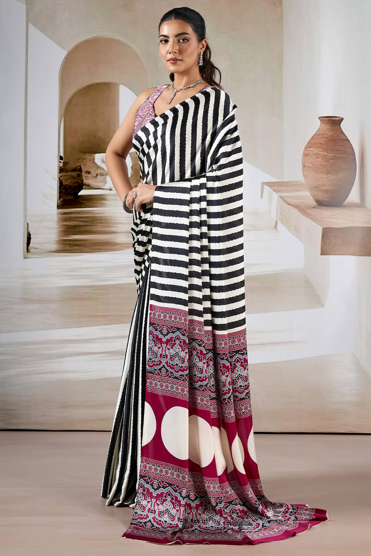 Splendiferous Black Ajrakh Printed Satin Silk Saree With Smashing Blouse Piece