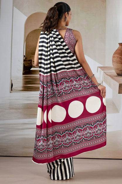 Splendiferous Black Ajrakh Printed Satin Silk Saree With Smashing Blouse Piece