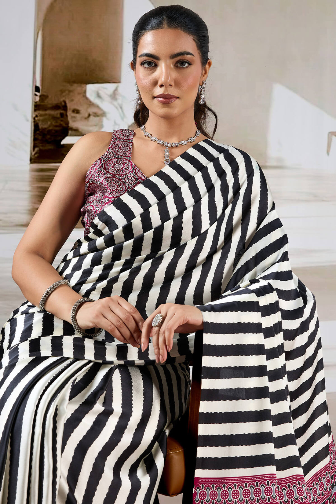 Splendiferous Black Ajrakh Printed Satin Silk Saree With Smashing Blouse Piece