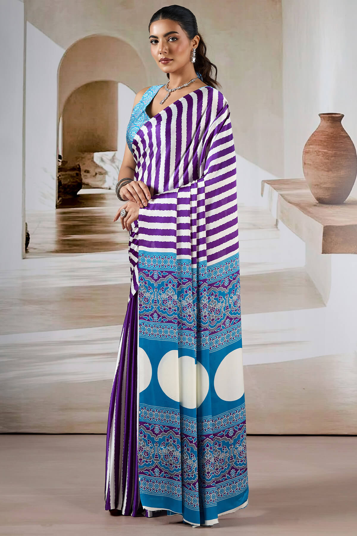 Sizzling Purple Ajrakh Printed Satin Silk Saree With Gossamer Blouse Piece