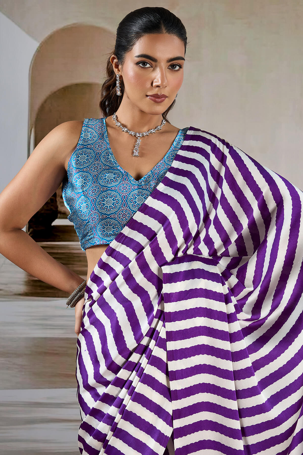 Sizzling Purple Ajrakh Printed Satin Silk Saree With Gossamer Blouse Piece