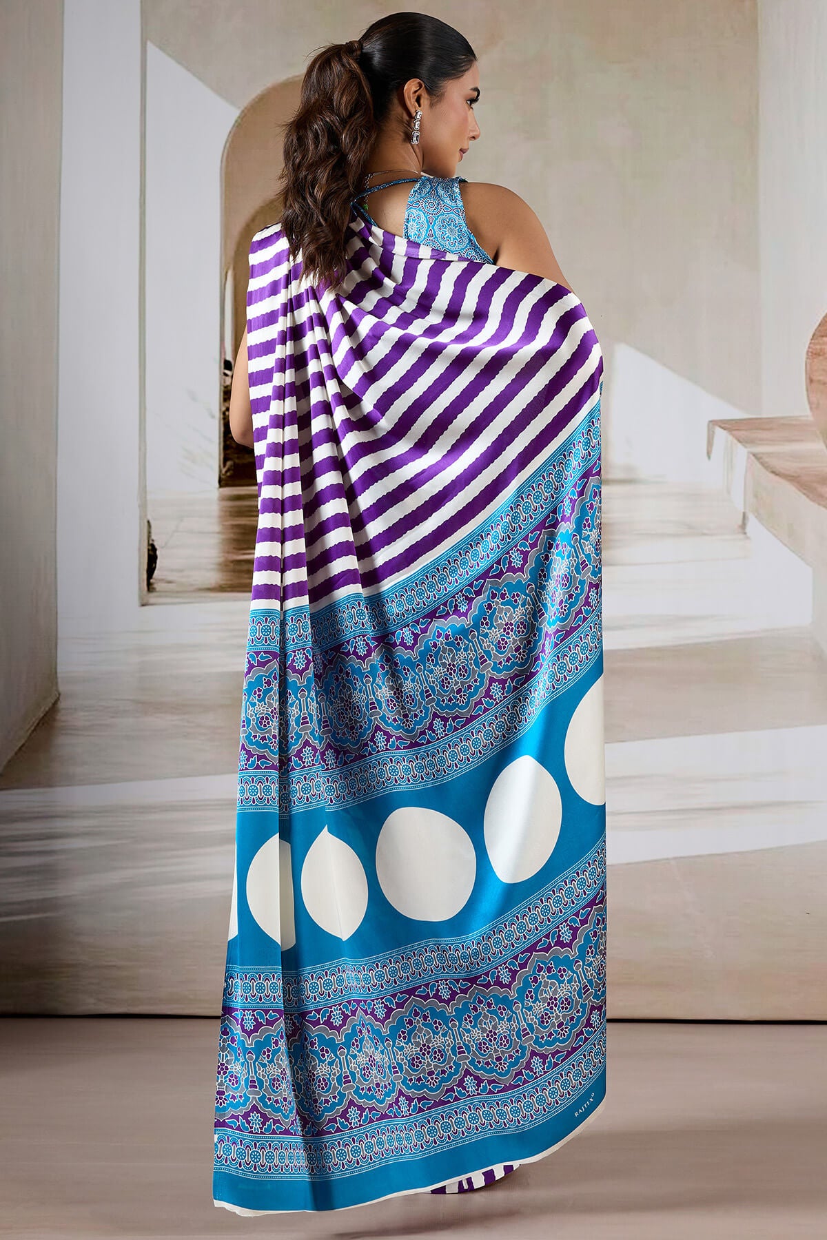 Sizzling Purple Ajrakh Printed Satin Silk Saree With Gossamer Blouse Piece