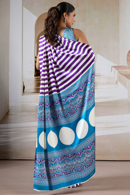 Sizzling Purple Ajrakh Printed Satin Silk Saree With Gossamer Blouse Piece