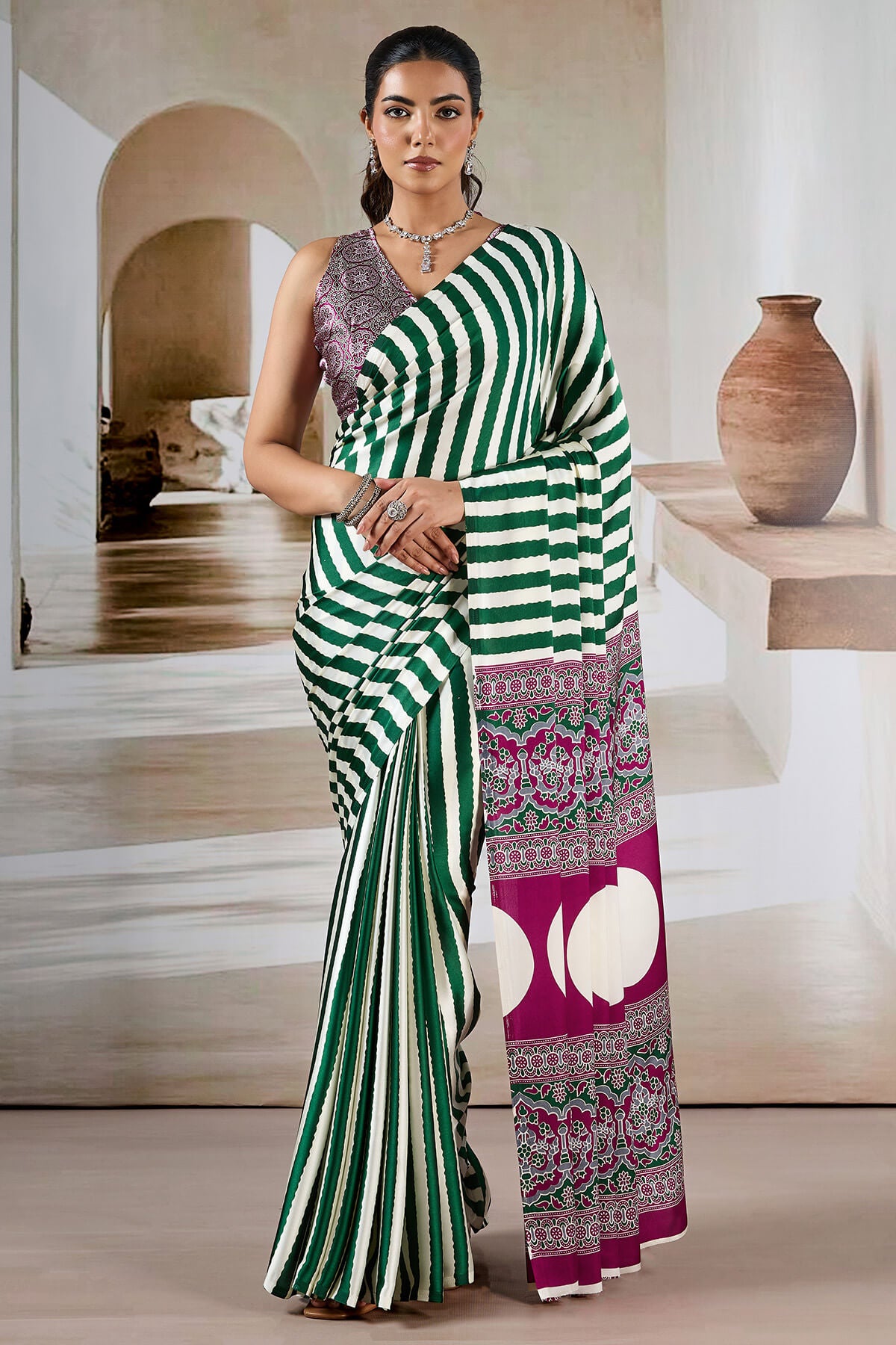 Assemblage Green Ajrakh Printed Satin Silk Saree With Felicitous Blouse Piece