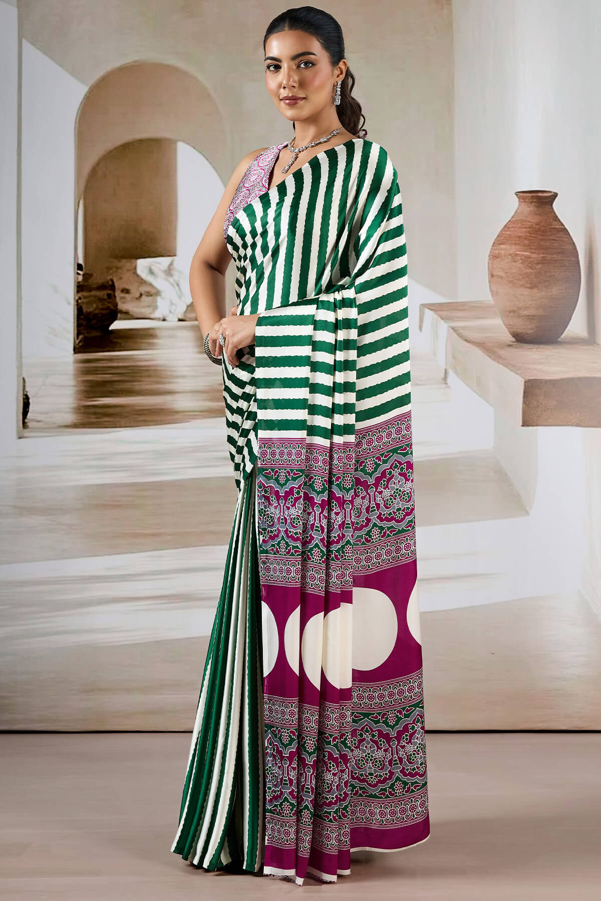 Assemblage Green Ajrakh Printed Satin Silk Saree With Felicitous Blouse Piece