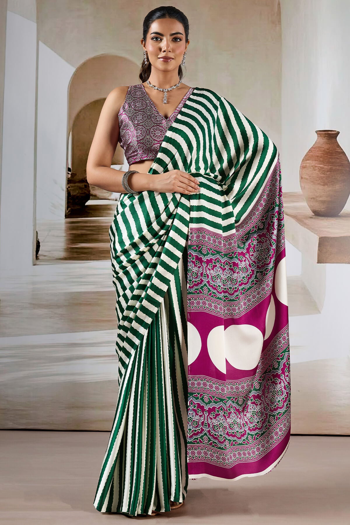 Assemblage Green Ajrakh Printed Satin Silk Saree With Felicitous Blouse Piece