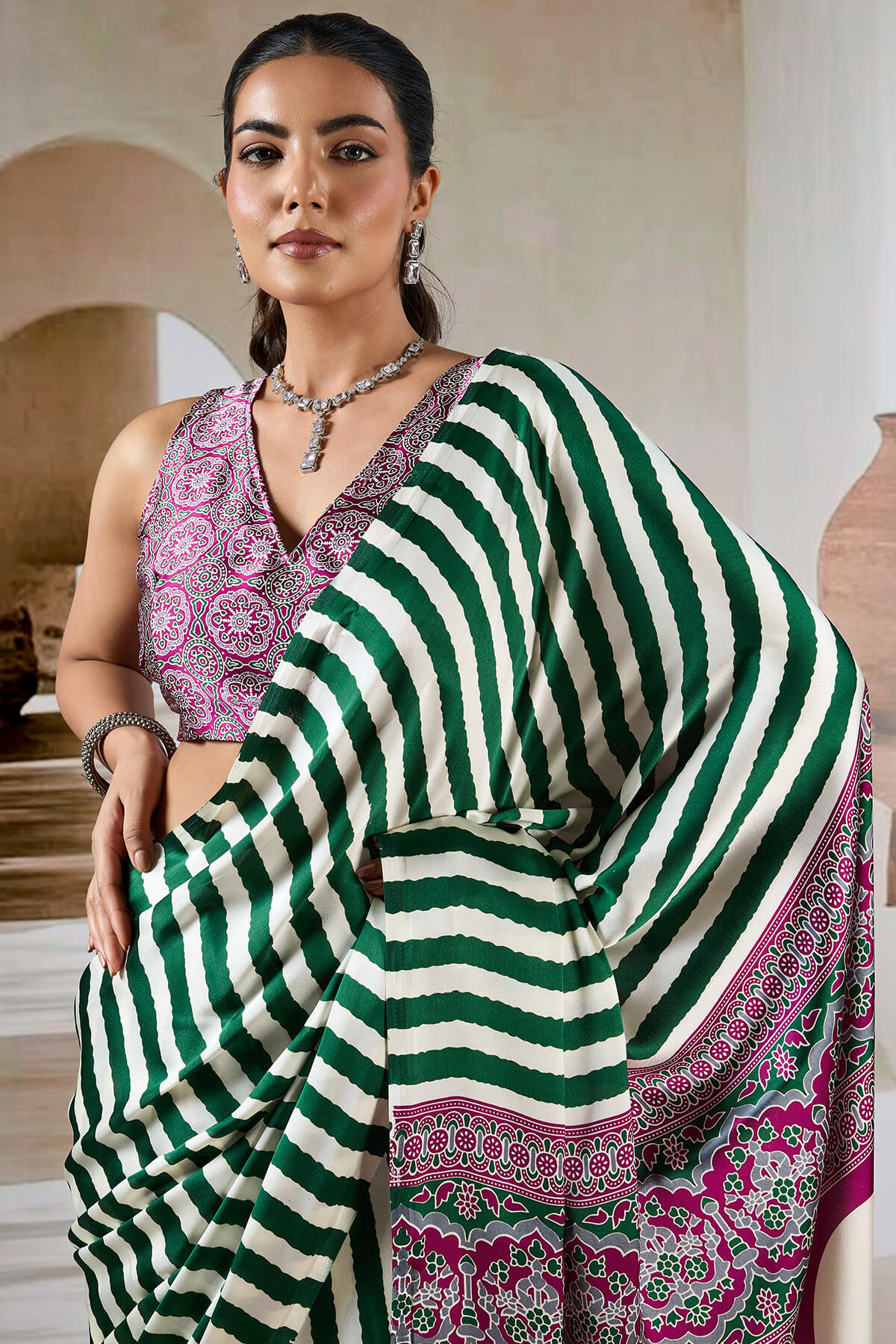 Assemblage Green Ajrakh Printed Satin Silk Saree With Felicitous Blouse Piece