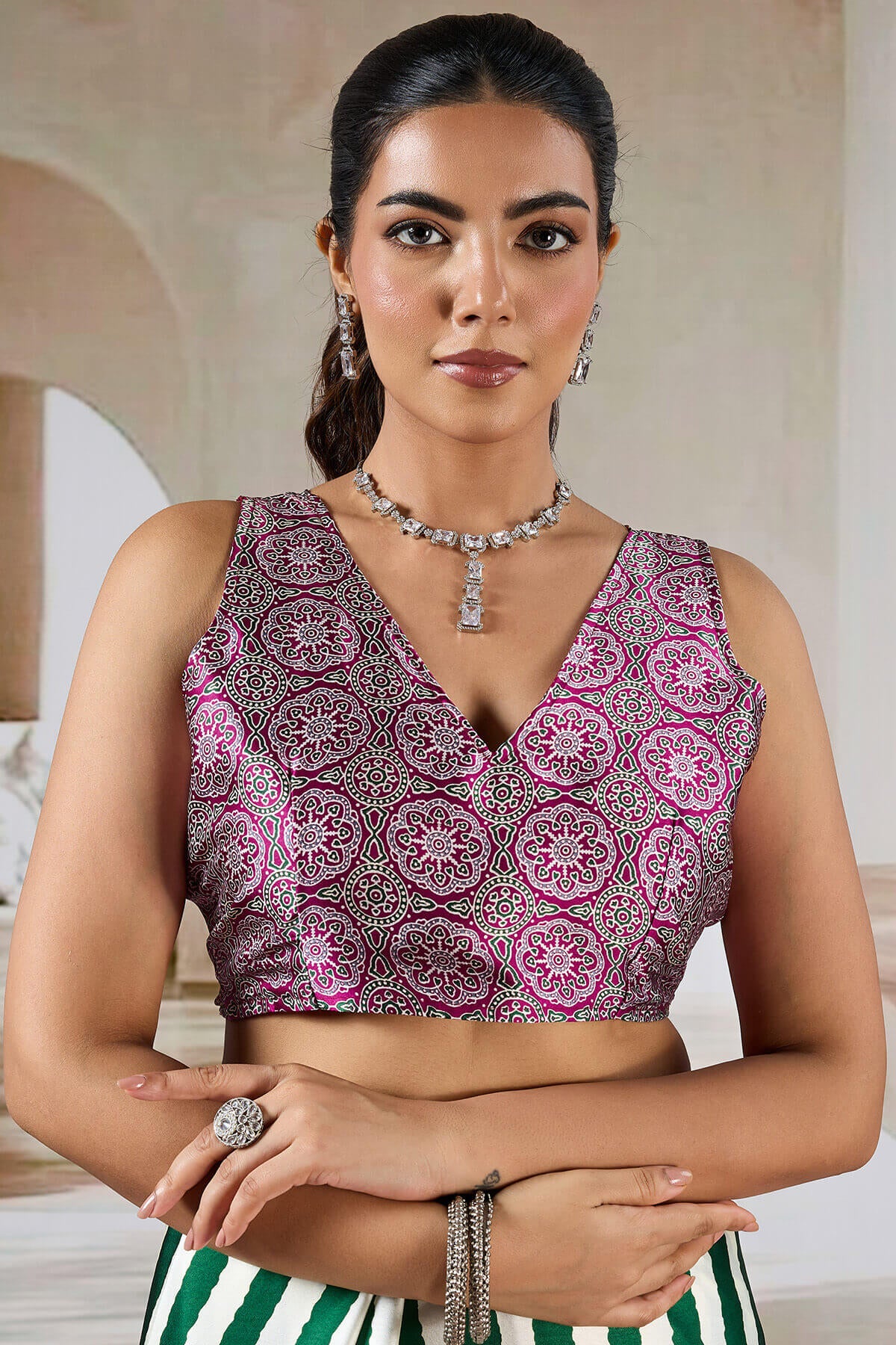 Assemblage Green Ajrakh Printed Satin Silk Saree With Felicitous Blouse Piece