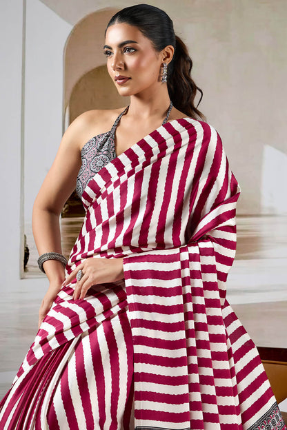 Enthralling Maroon Ajrakh Printed Satin Silk Saree With Divine Blouse Piece