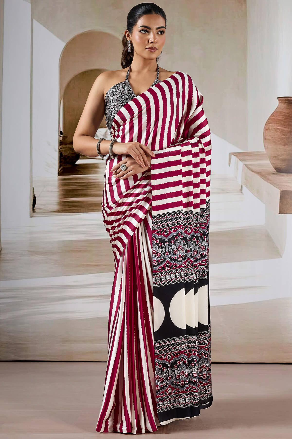 Enthralling Maroon Ajrakh Printed Satin Silk Saree With Divine Blouse Piece