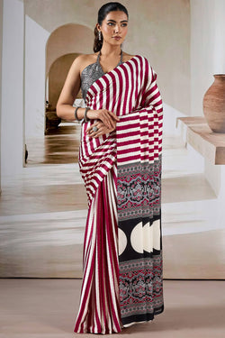 Enthralling Maroon Ajrakh Printed Satin Silk Saree With Divine Blouse Piece