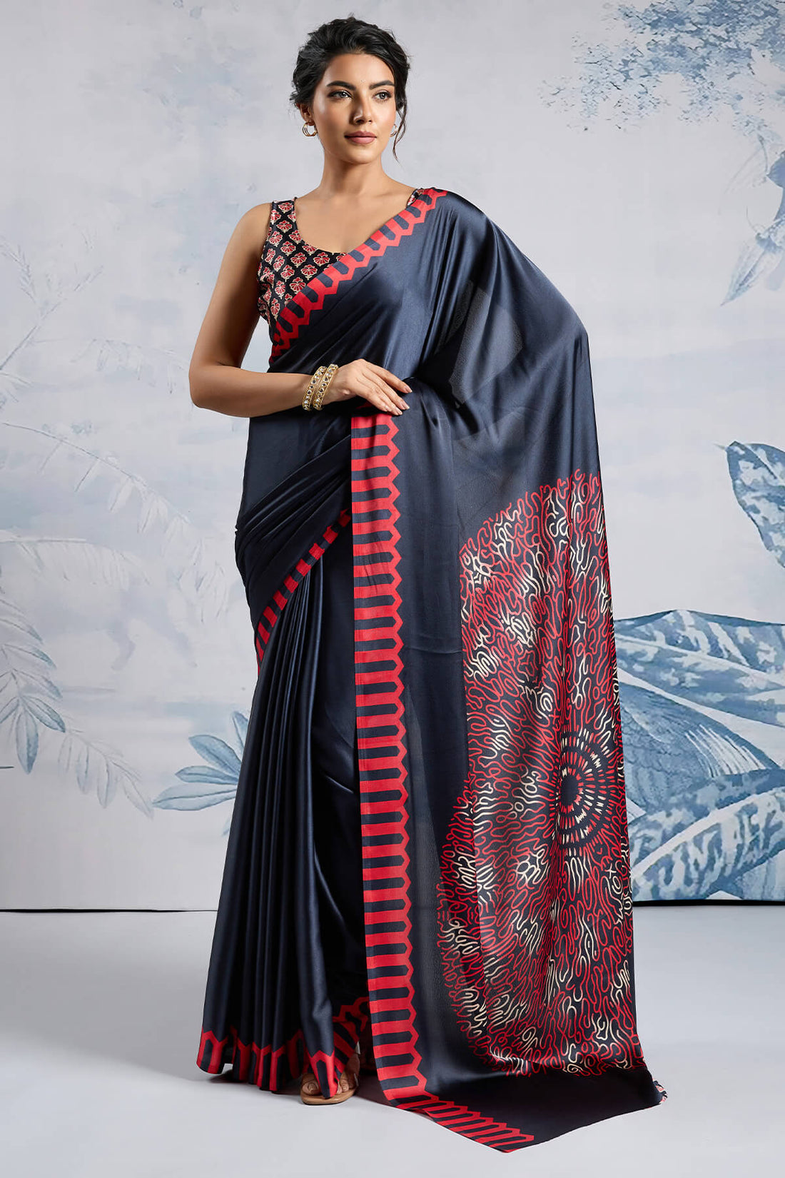 Delectable Black Ajrakh Printed Satin Silk Saree With Admirable Blouse Piece