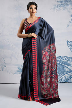 Delectable Black Ajrakh Printed Satin Silk Saree With Admirable Blouse Piece