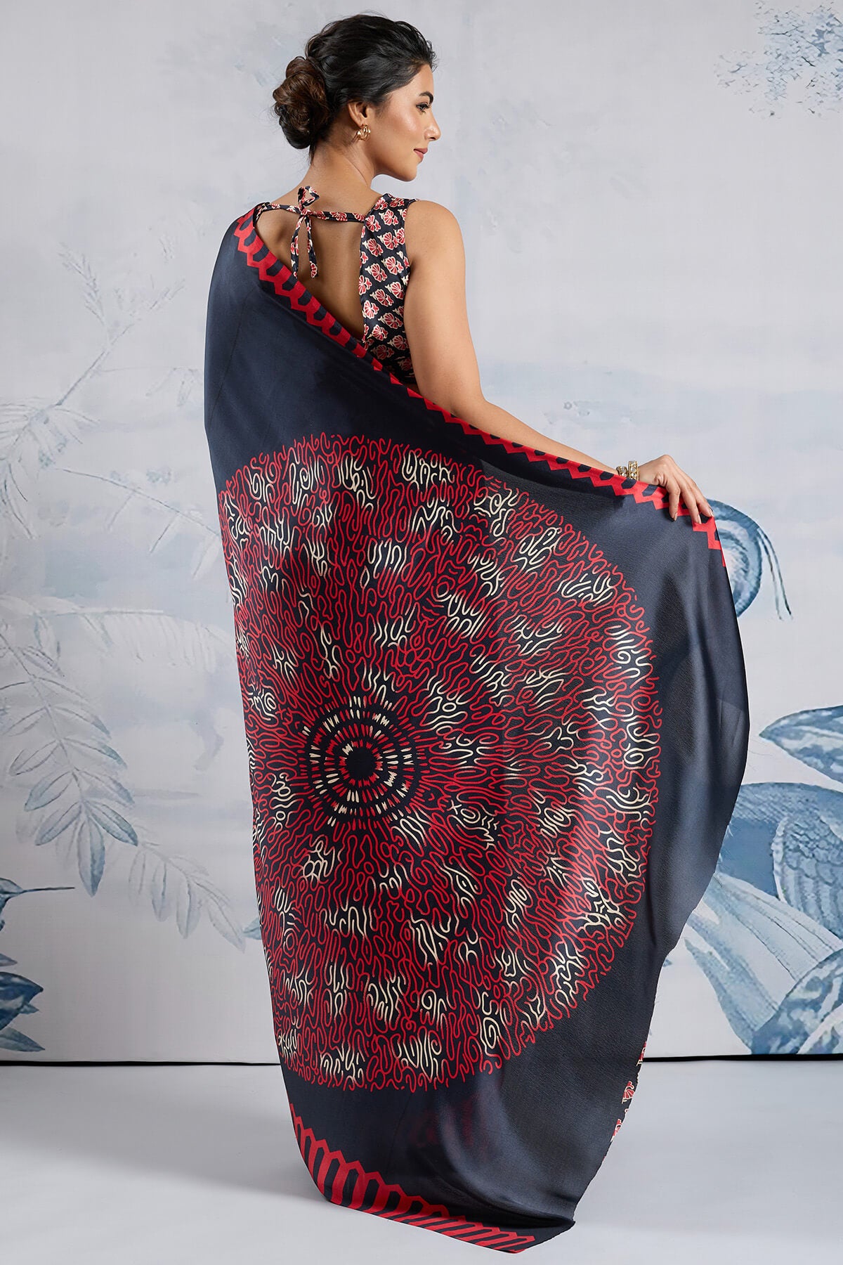 Delectable Black Ajrakh Printed Satin Silk Saree With Admirable Blouse Piece
