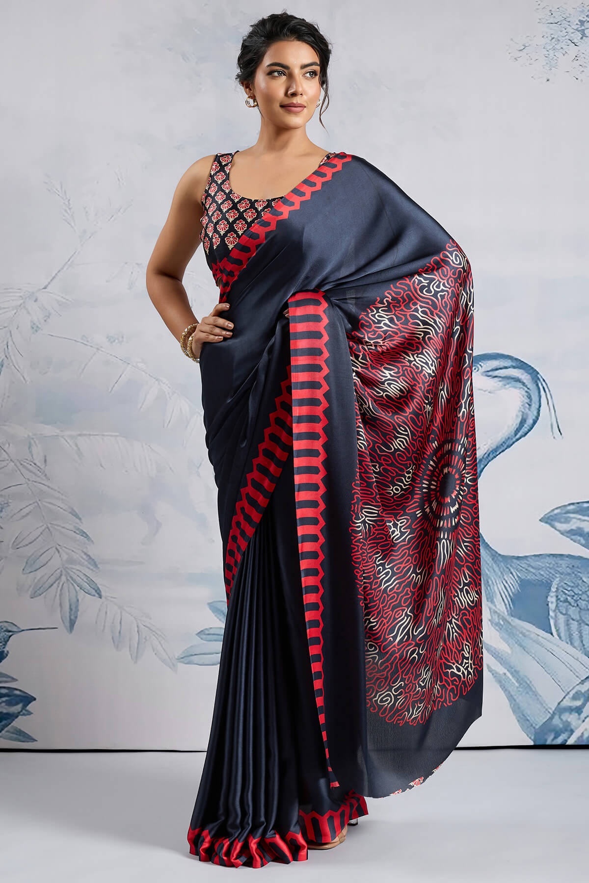 Delectable Black Ajrakh Printed Satin Silk Saree With Admirable Blouse Piece