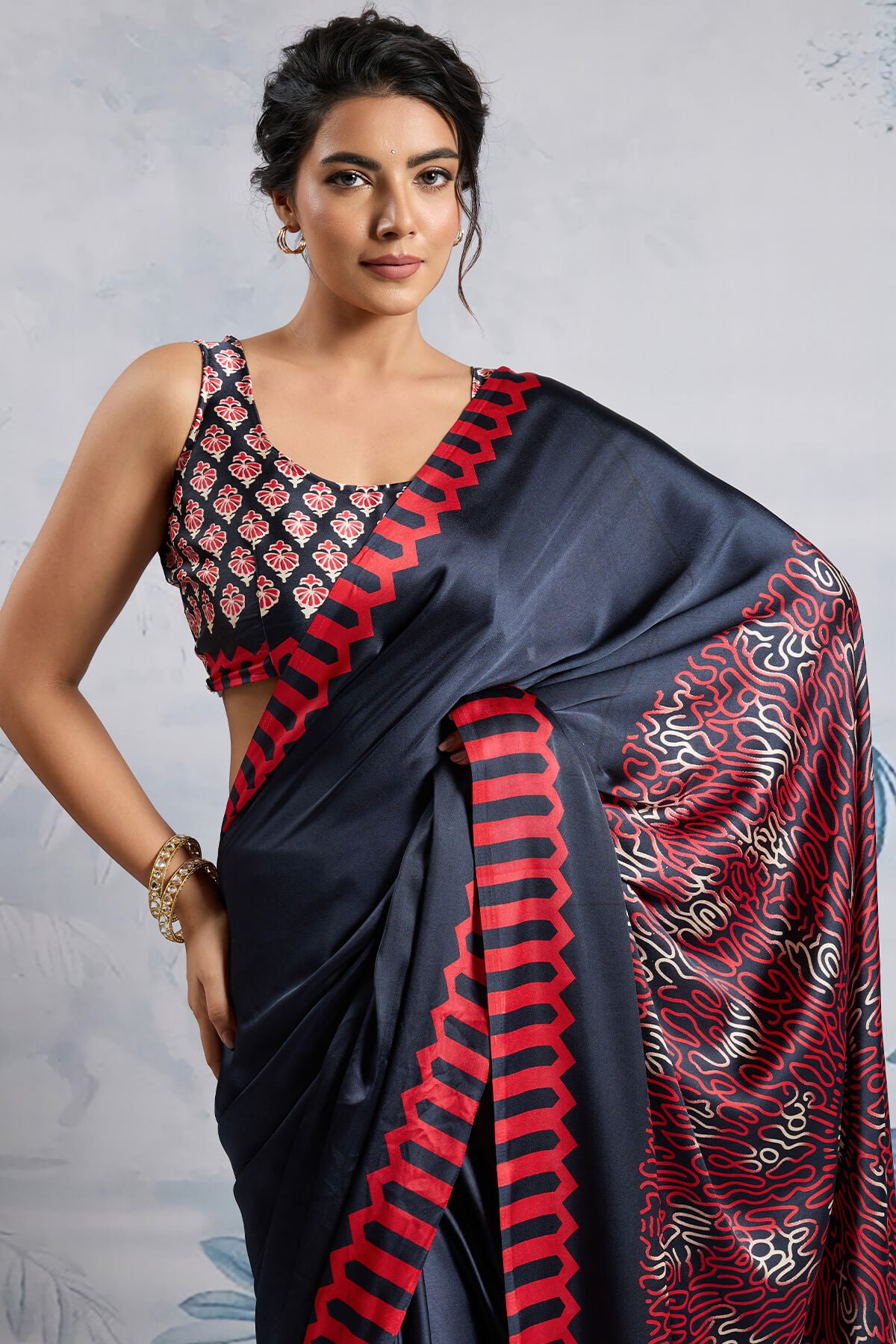 Delectable Black Ajrakh Printed Satin Silk Saree With Admirable Blouse Piece