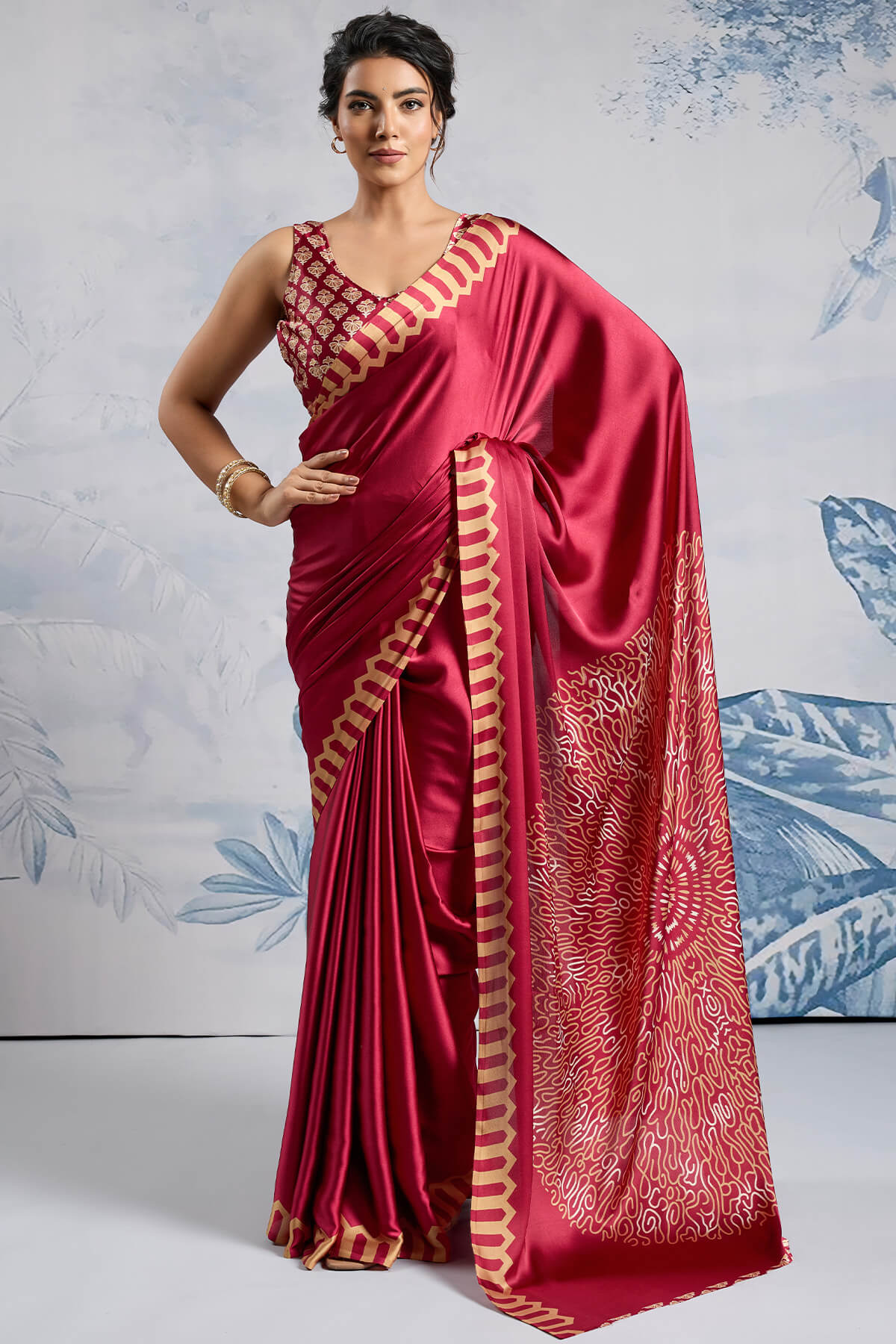 Snazzy Red Ajrakh Printed Satin Silk Saree With Whimsical Blouse Piece