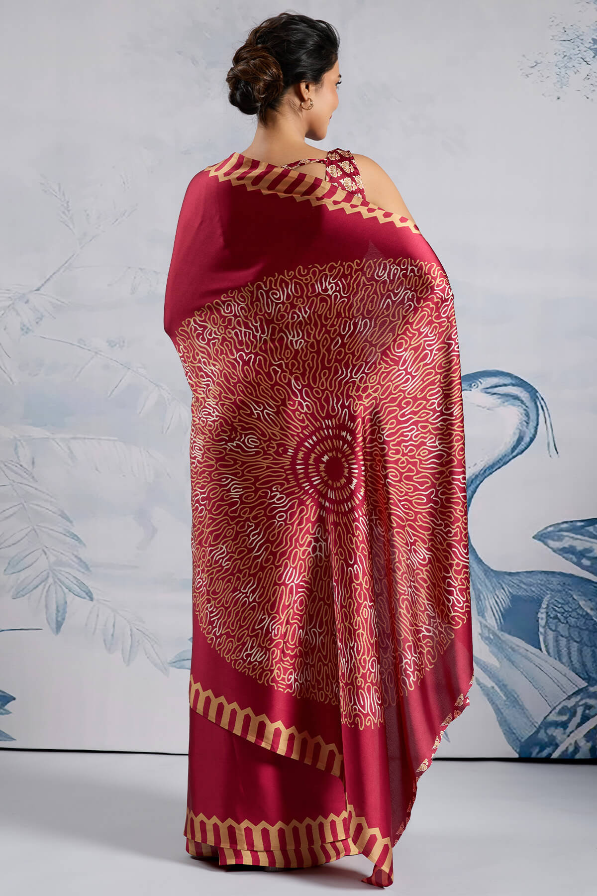 Snazzy Red Ajrakh Printed Satin Silk Saree With Whimsical Blouse Piece