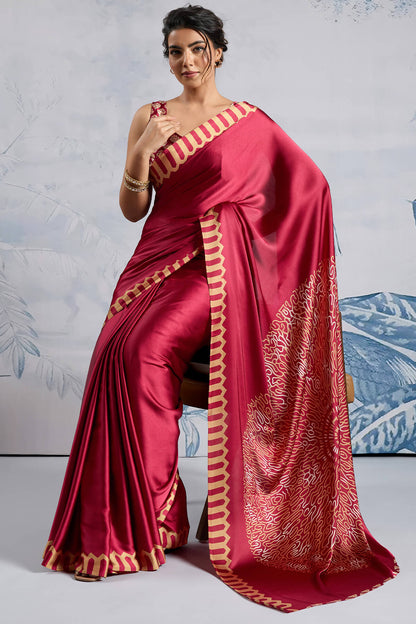 Snazzy Red Ajrakh Printed Satin Silk Saree With Whimsical Blouse Piece