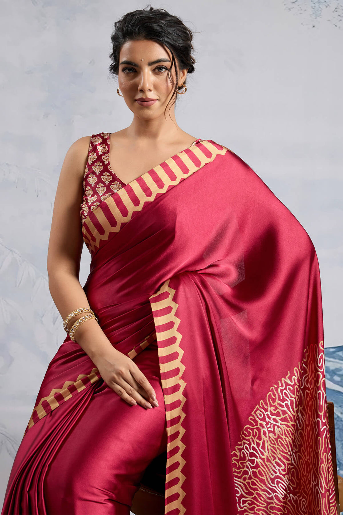 Snazzy Red Ajrakh Printed Satin Silk Saree With Whimsical Blouse Piece