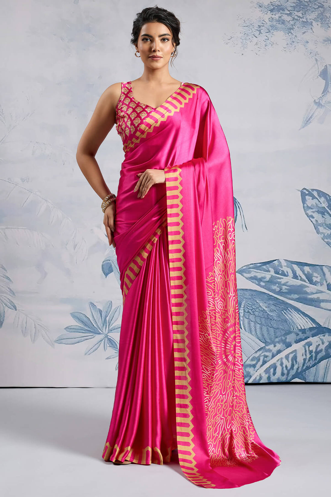 Impressive Dark Pink Ajrakh Printed Satin Silk Saree With Twirling Blouse Piece