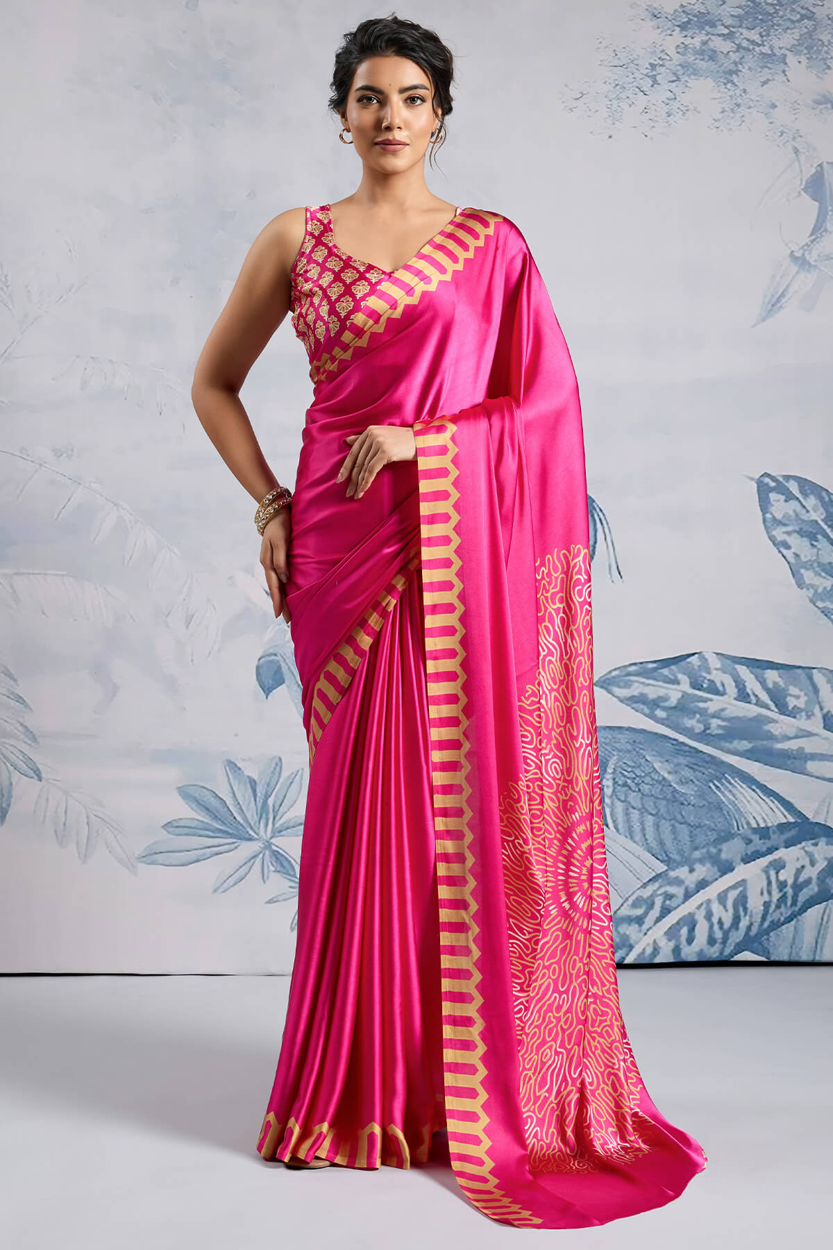 Impressive Dark Pink Ajrakh Printed Satin Silk Saree With Twirling Blouse Piece