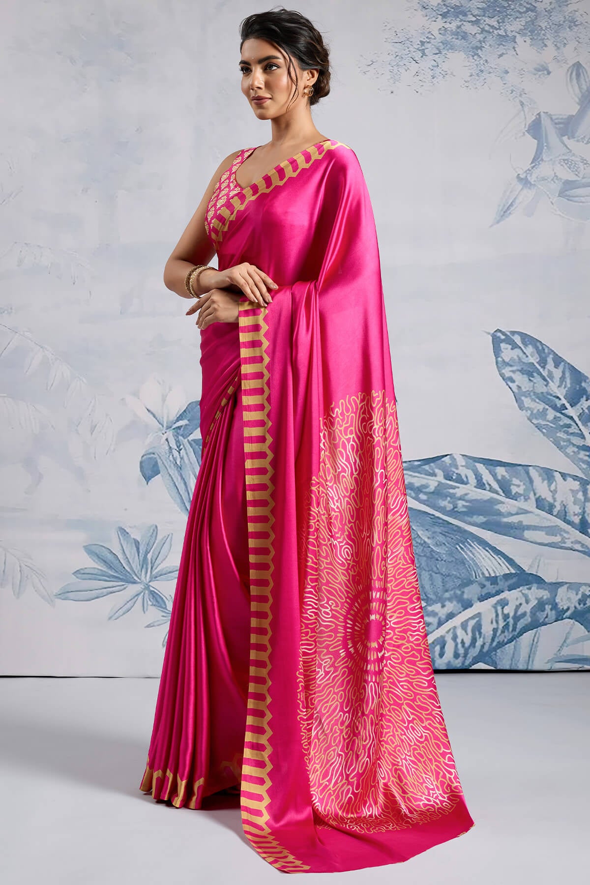 Impressive Dark Pink Ajrakh Printed Satin Silk Saree With Twirling Blouse Piece