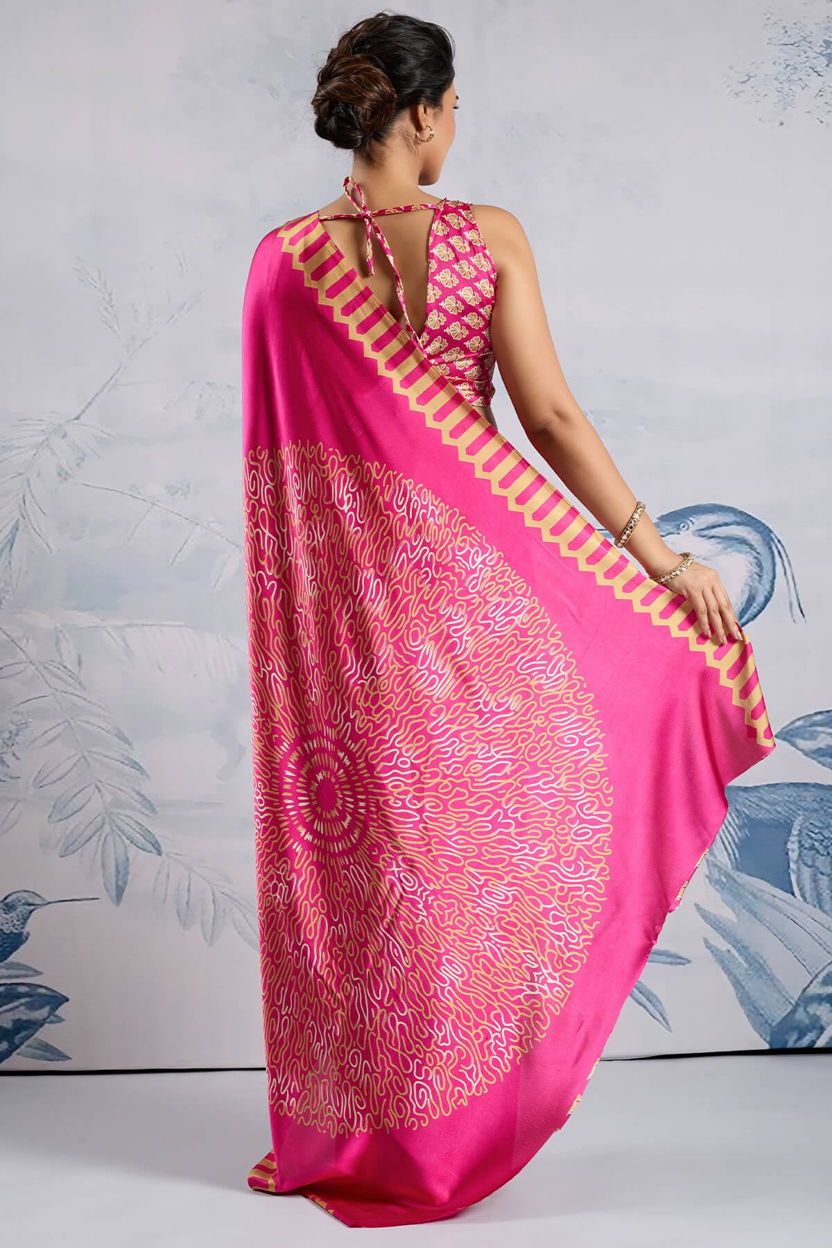 Impressive Dark Pink Ajrakh Printed Satin Silk Saree With Twirling Blouse Piece