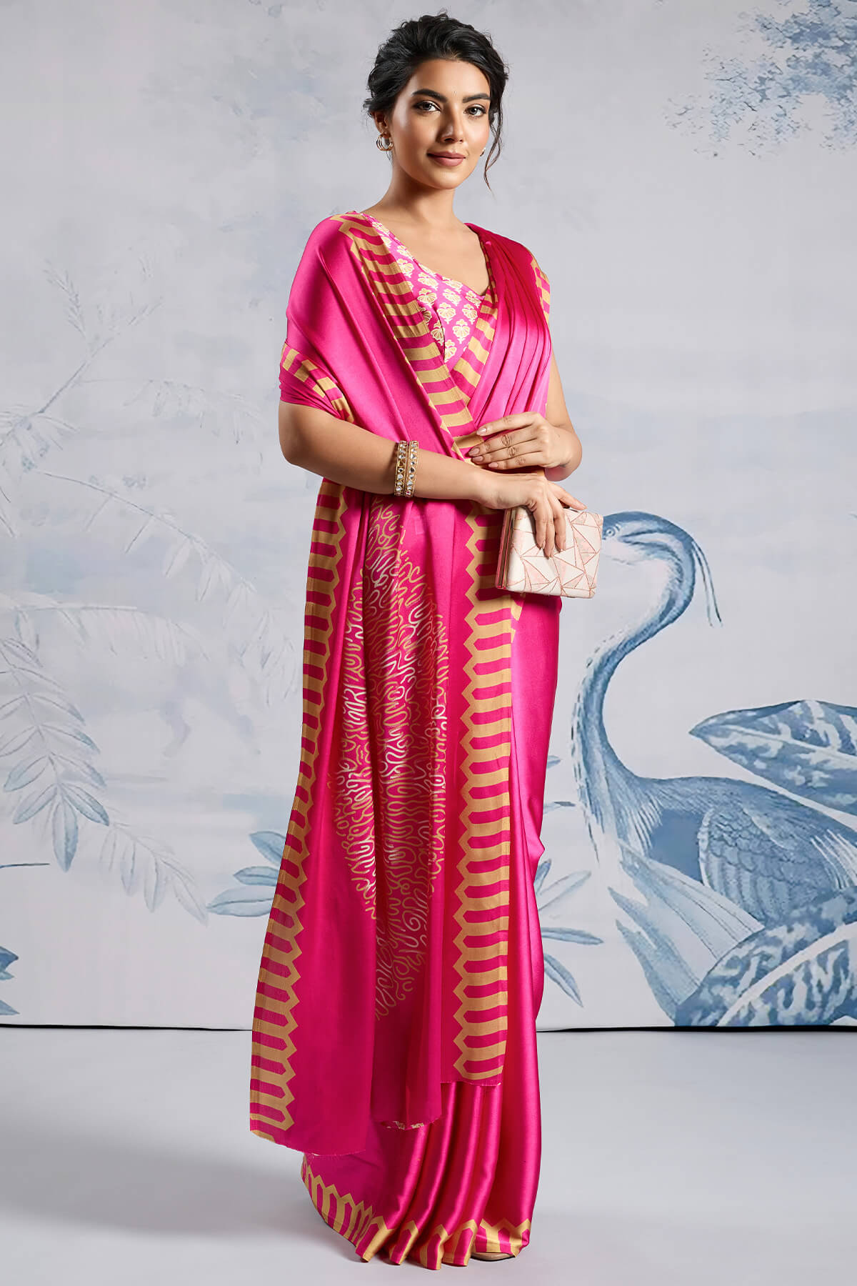 Impressive Dark Pink Ajrakh Printed Satin Silk Saree With Twirling Blouse Piece