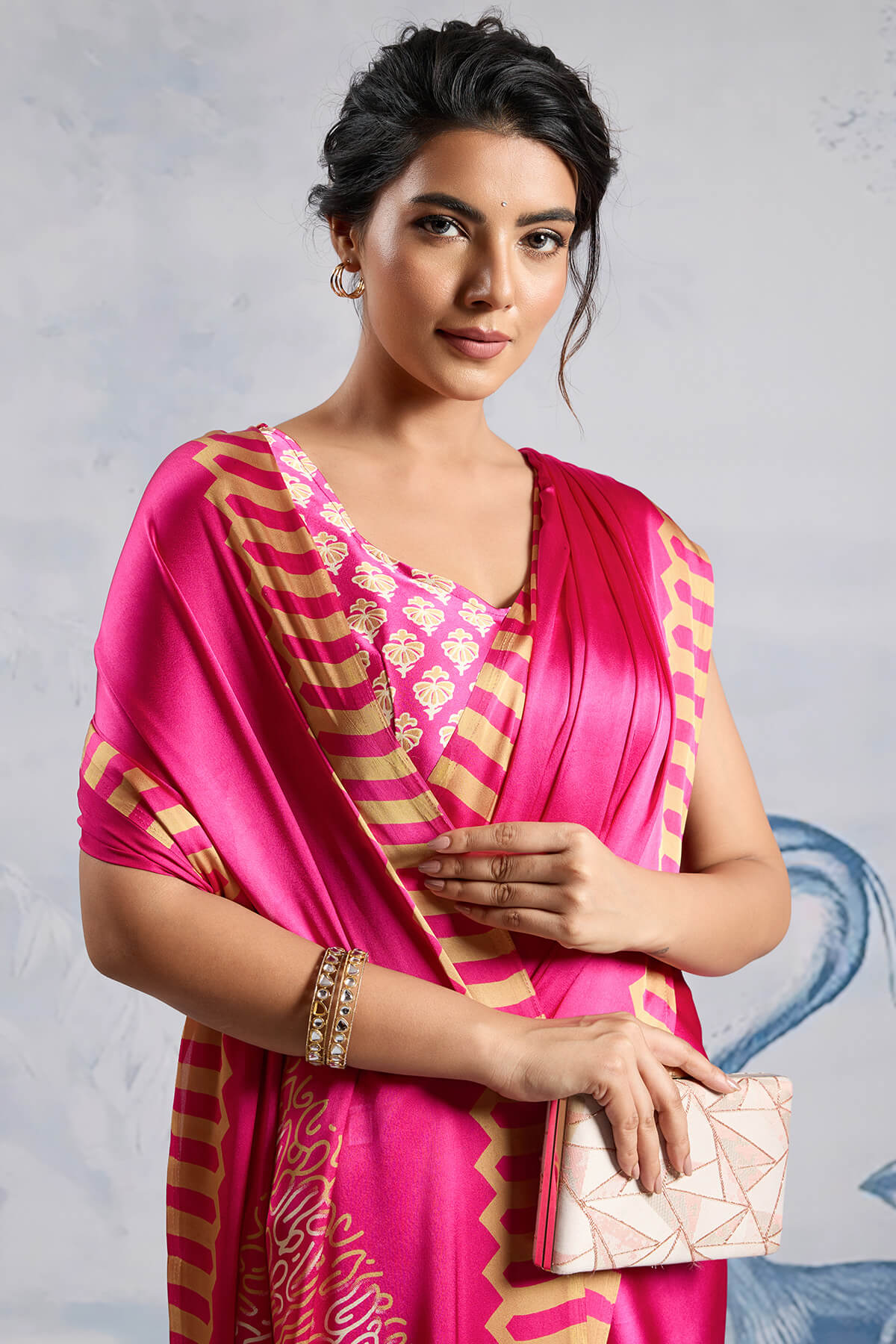 Impressive Dark Pink Ajrakh Printed Satin Silk Saree With Twirling Blouse Piece