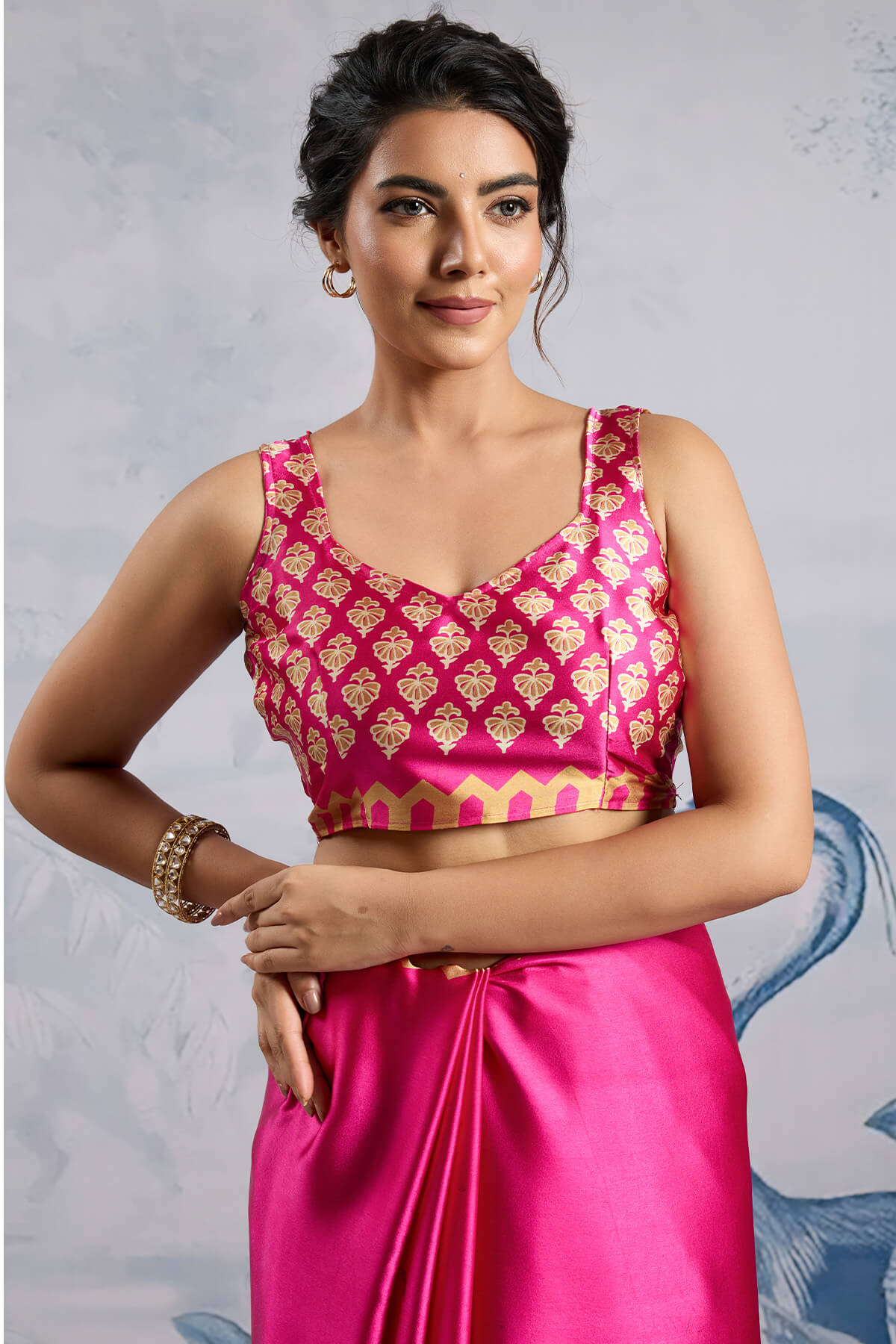 Impressive Dark Pink Ajrakh Printed Satin Silk Saree With Twirling Blouse Piece