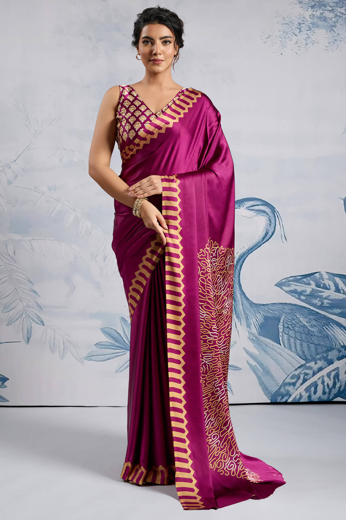 Ebullience Purple Ajrakh Printed Satin Silk Saree With Elaborate Blouse Piece
