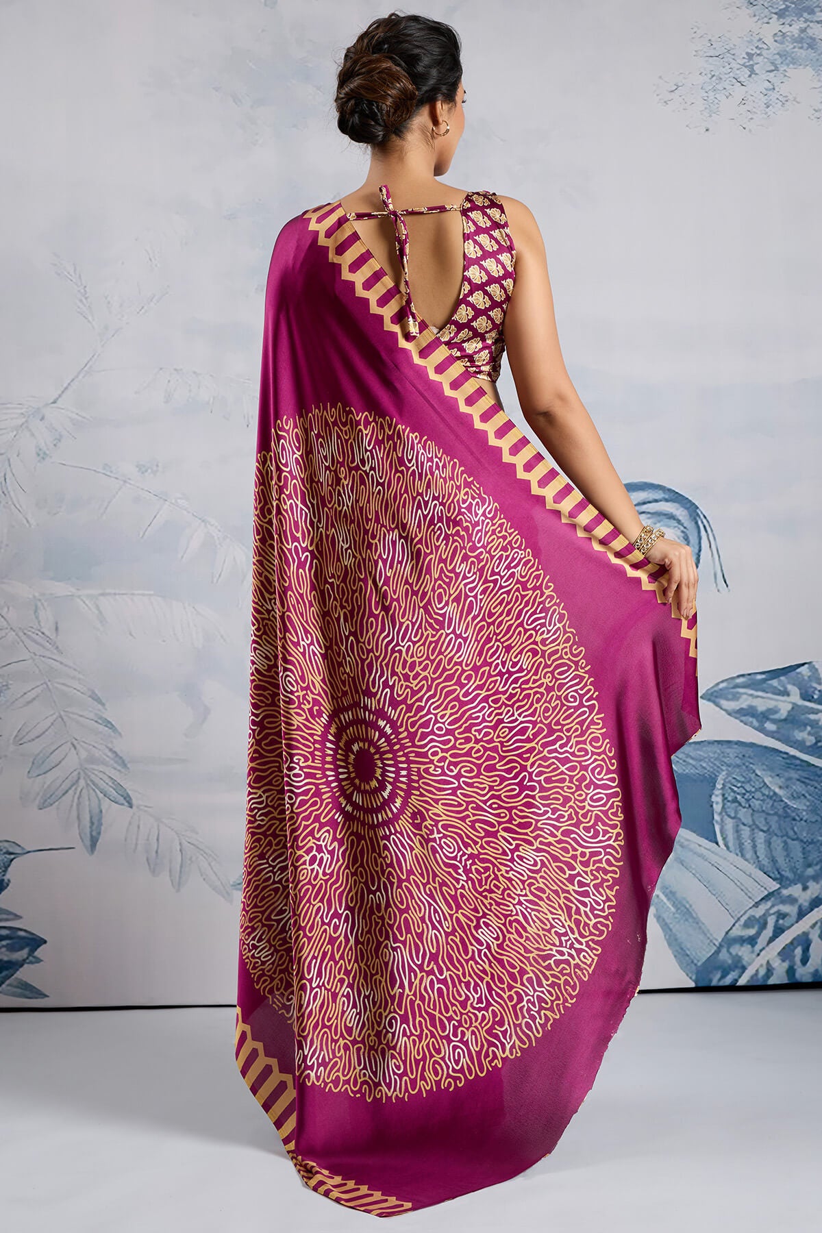 Ebullience Purple Ajrakh Printed Satin Silk Saree With Elaborate Blouse Piece