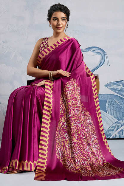 Ebullience Purple Ajrakh Printed Satin Silk Saree With Elaborate Blouse Piece