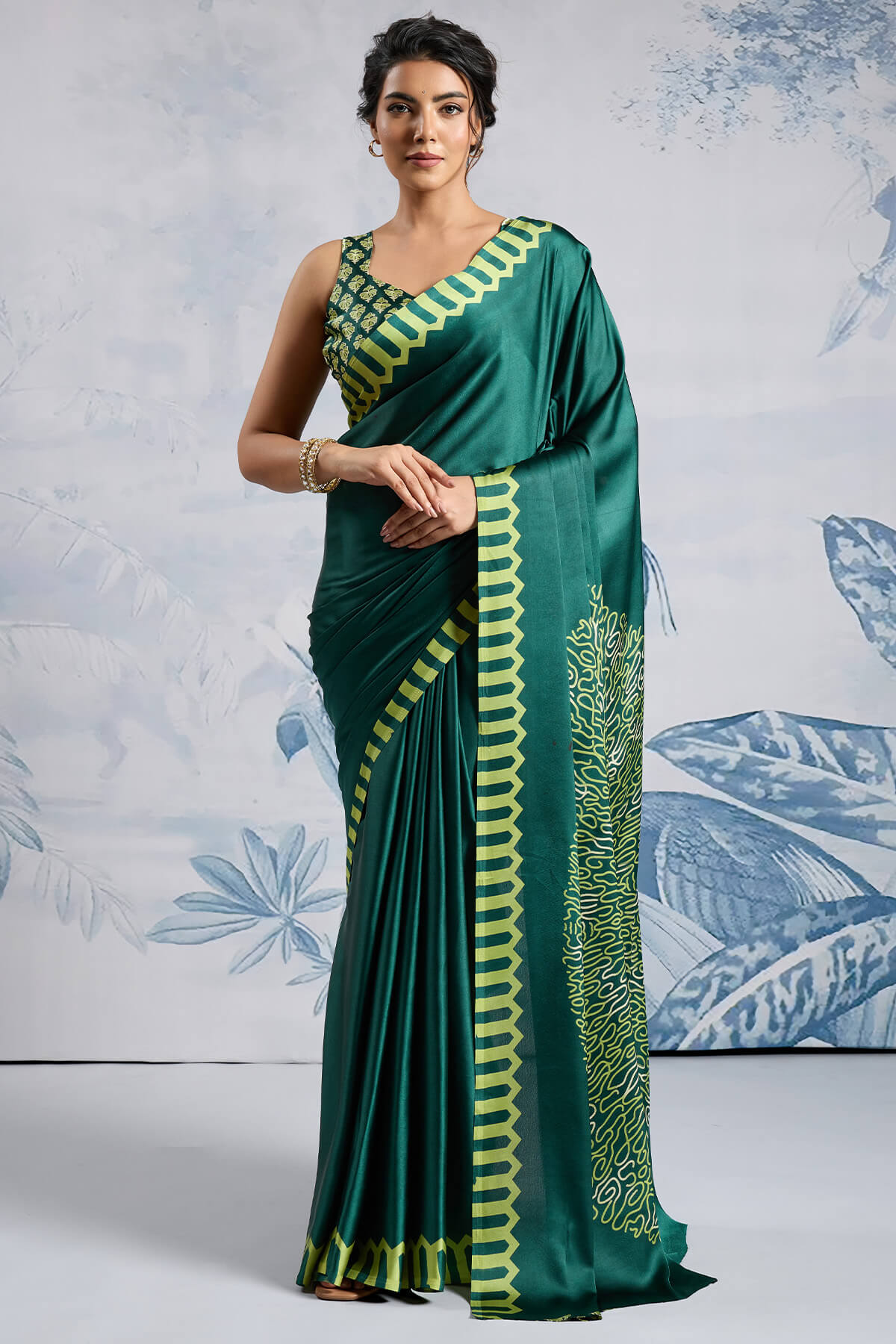 Elision Dark Green Ajrakh Printed Satin Silk Saree With Desiring Blouse Piece