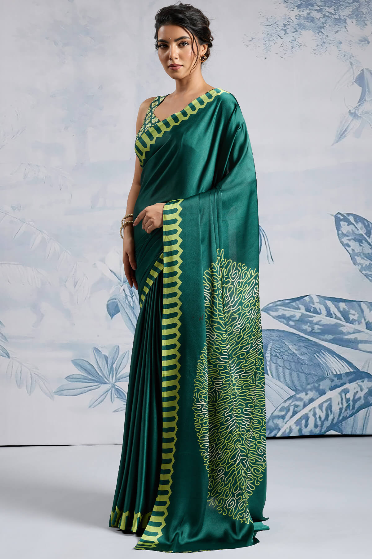 Elision Dark Green Ajrakh Printed Satin Silk Saree With Desiring Blouse Piece