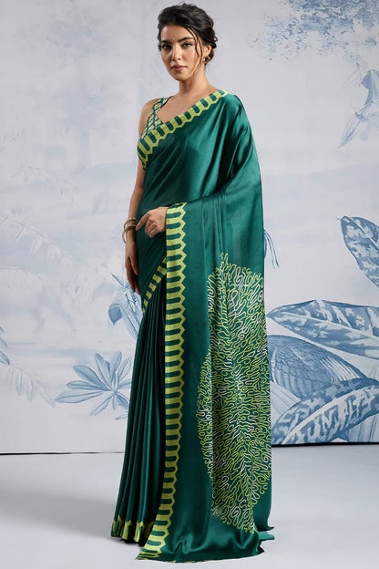 Elision Dark Green Ajrakh Printed Satin Silk Saree With Desiring Blouse Piece