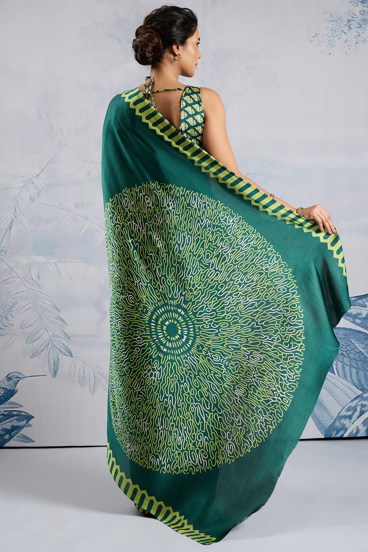 Elision Dark Green Ajrakh Printed Satin Silk Saree With Desiring Blouse Piece