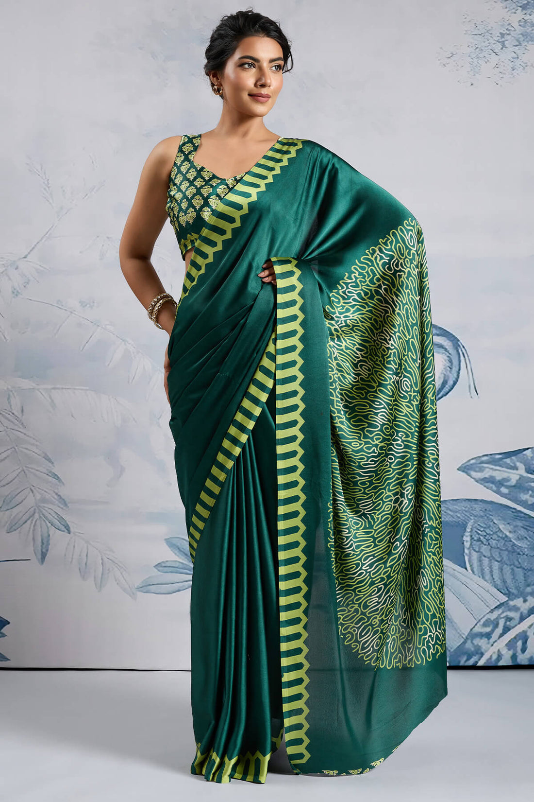 Elision Dark Green Ajrakh Printed Satin Silk Saree With Desiring Blouse Piece