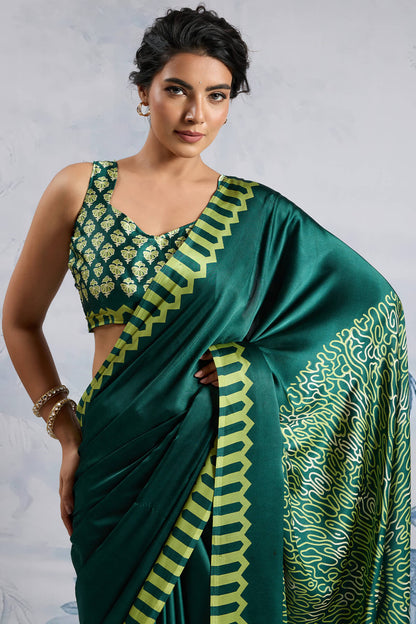 Elision Dark Green Ajrakh Printed Satin Silk Saree With Desiring Blouse Piece