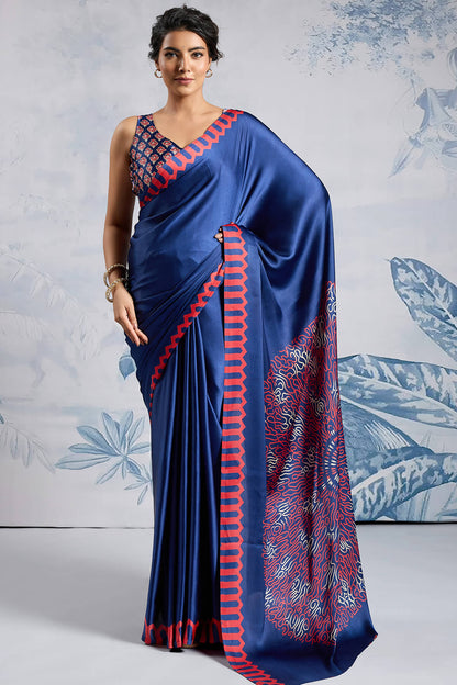 Seraglio Navy Blue Ajrakh Printed Satin Silk Saree With Dulcet Blouse Piece