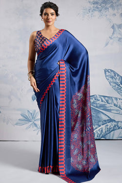 Seraglio Navy Blue Ajrakh Printed Satin Silk Saree With Dulcet Blouse Piece